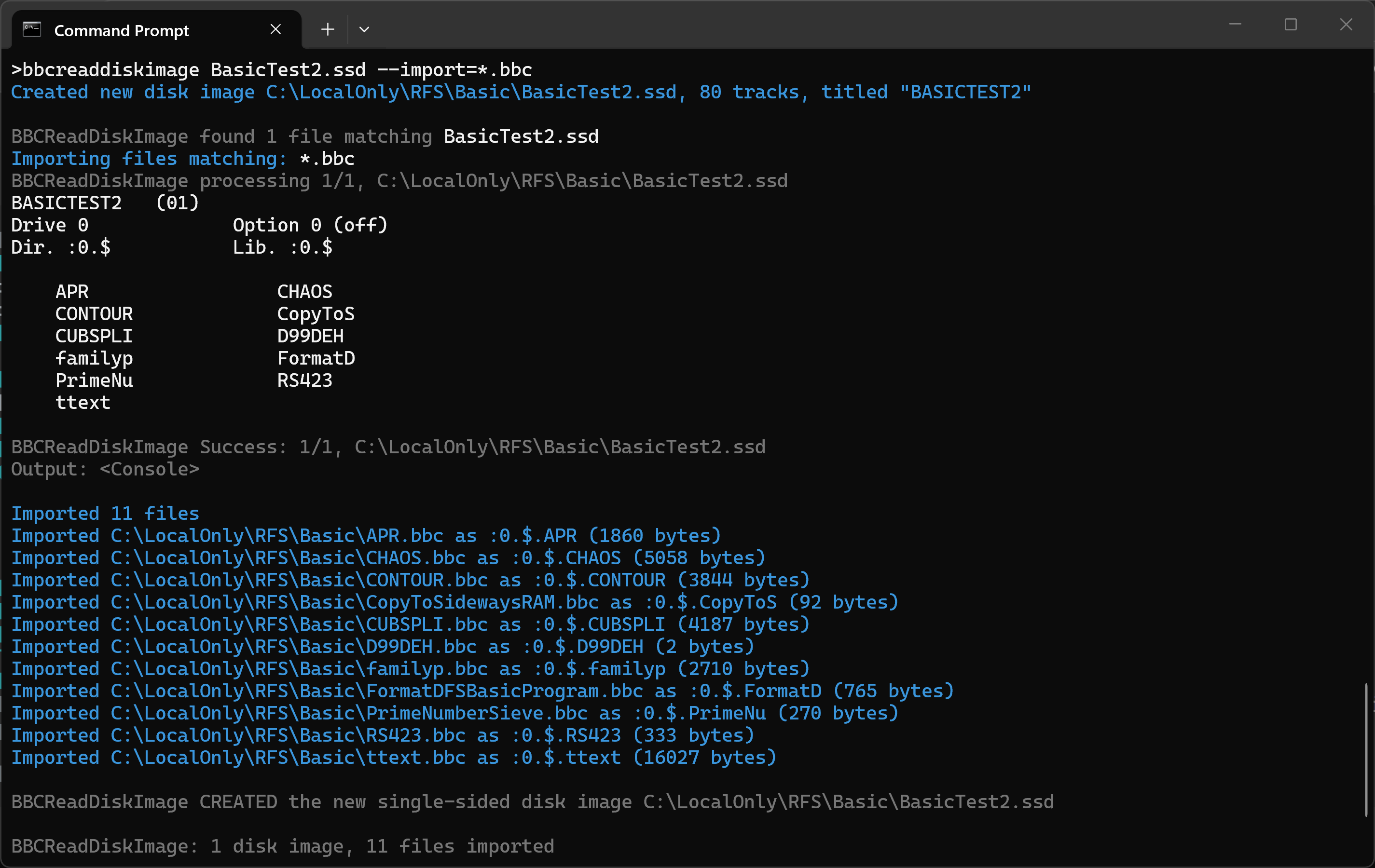 BBCReadDiskImage creating BasicTest2.ssd and importing eleven .bbc programs into it, showing the resulting catalogue and a line for each file imported